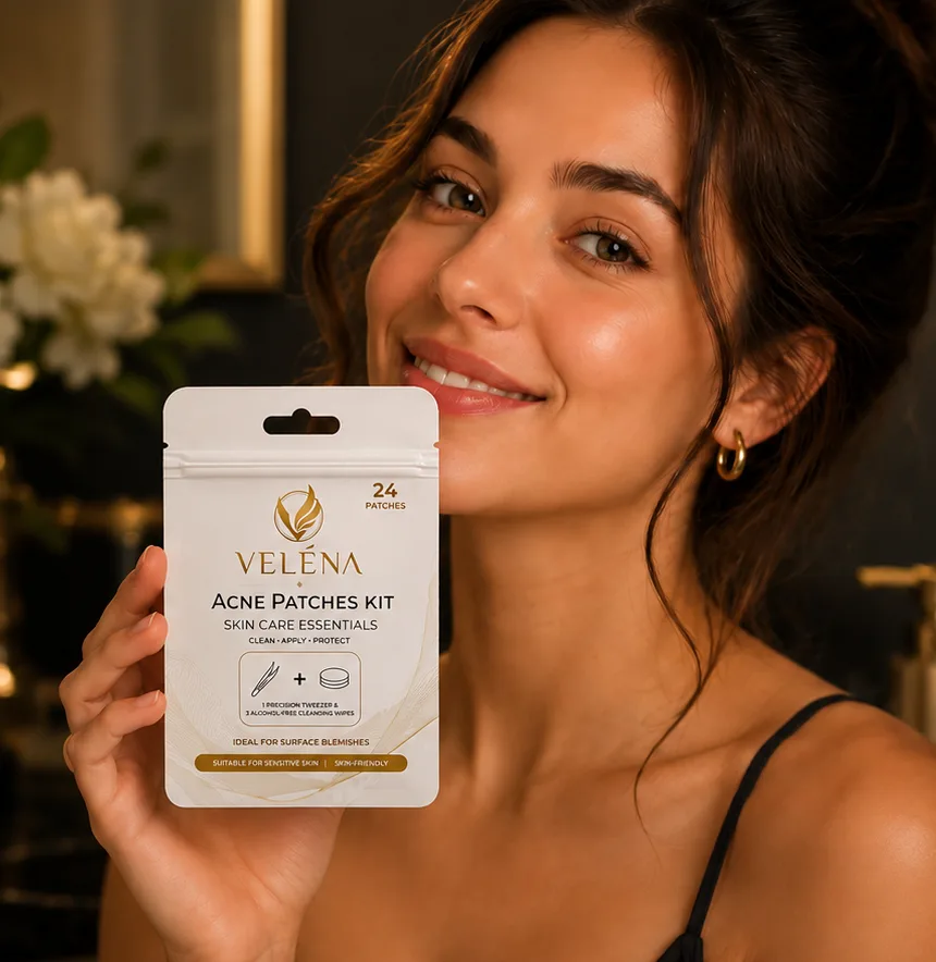 A woman holding the VELÉNA Acne Patches Kit, 24-patch pouch