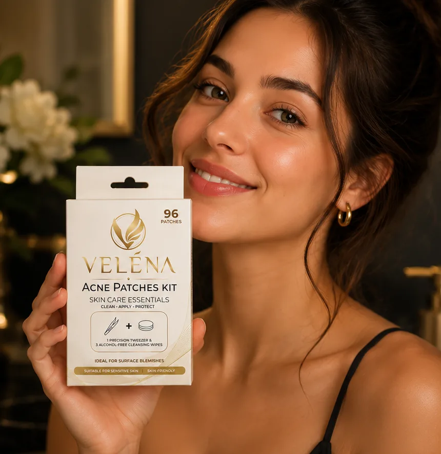 A woman holding the VELÉNA Acne Patches Kit, 96-patch box