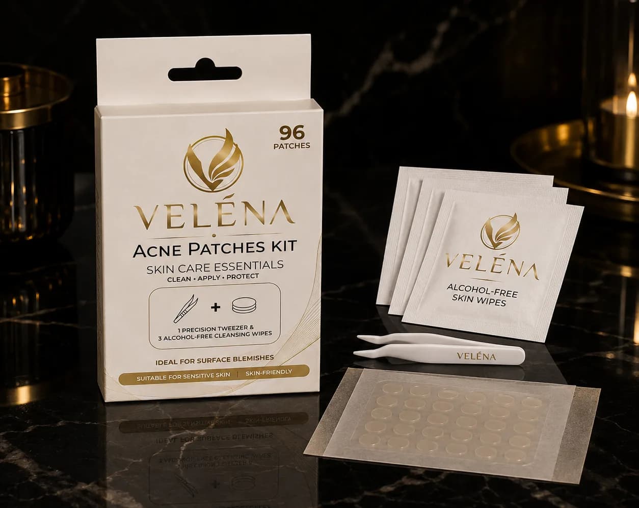 The VELÉNA kit laid out: box, precision tweezer, alcohol-free wipes and a sheet of hydrocolloid patches