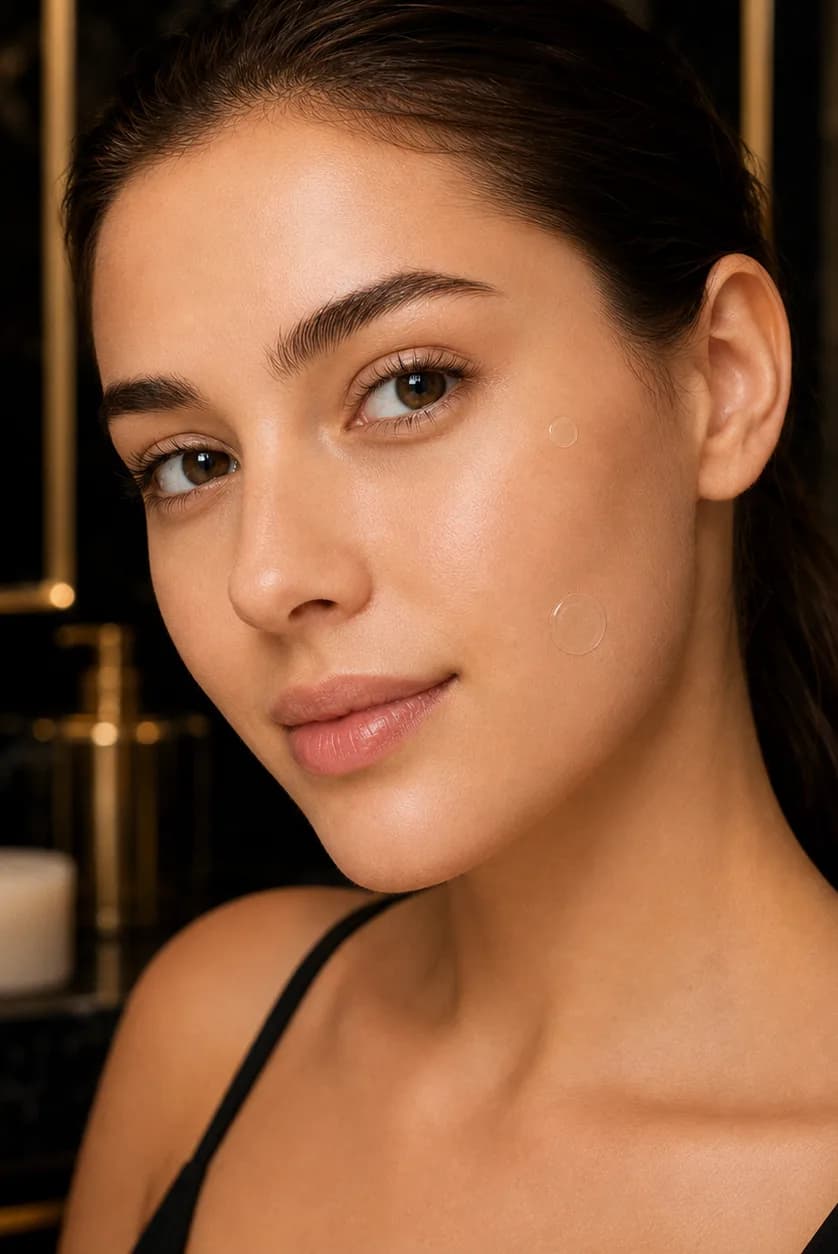 Close-up of skin wearing two ultra-thin VELÉNA hydrocolloid patches