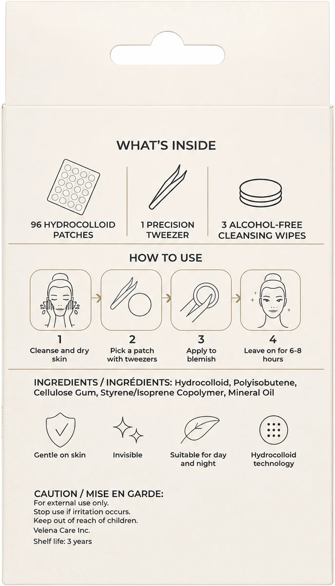 Back of the VELÉNA 96-patch box showing what's inside, how to use, ingredients and caution